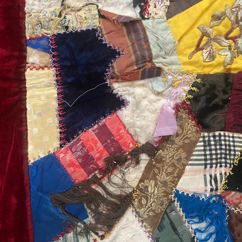 Antique Victorian Crazy Quilt Hand Embroidered Silk Velvet Patchwork Red Damaged